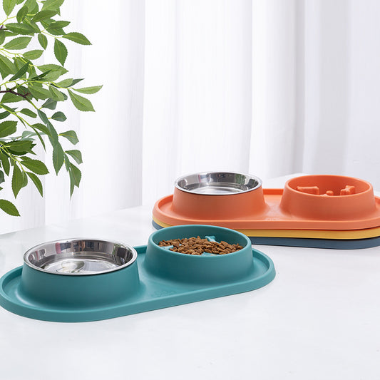 Double non-slip pet bowl with stainless steel bowl and spill-proof tray by Puppies&Co™